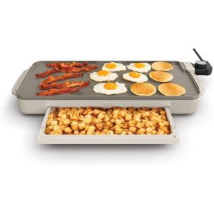 imagebella 10quot x 20quot Electric Griddle with EverGood Ceramic Nonstick Coating Removable Temperature Probe DishwasherSafe Drip Tray ampamp Cool Touch Handles Cook up to 10 Eggs 1500 Watt OatmilkOatmilk  Tray