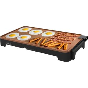imagebella 12quot x 22quot Electric Griddle with Warming Tray EverGood Ceramic Nonstick Coating ampamp Removable Temperature Probe DishwasherSafe Drip Tray ampamp Cool Touch Handles 1500 Watt OatmilkCopper