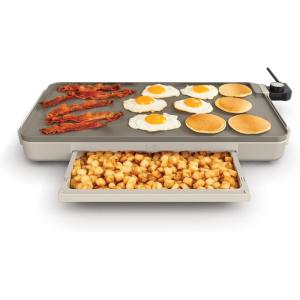 imagebella 12quot x 22quot Electric Griddle with Warming Tray EverGood Ceramic Nonstick Coating ampamp Removable Temperature Probe DishwasherSafe Drip Tray ampamp Cool Touch Handles 1500 Watt OatmilkOatmilk  Tray