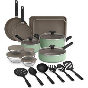 imagebella 21 Piece Kitchen Set with EverGood Ceramic Nonstick Coating Dishwasher ampamp Oven Safe All Stovetops Compatible Tempered Glass Lids ampamp Cool Touch Handles SeaglassSeaglass