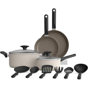 imagebella 21 Piece Kitchen Set with EverGood Ceramic Nonstick Coating Dishwasher ampamp Oven Safe All Stovetops Compatible Tempered Glass Lids ampamp Cool Touch Handles BlackOatmilk