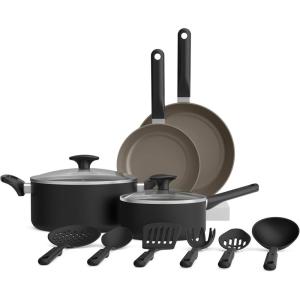imagebella 21 Piece Kitchen Set with EverGood Ceramic Nonstick Coating Dishwasher ampamp Oven Safe All Stovetops Compatible Tempered Glass Lids ampamp Cool Touch Handles BlackBlack