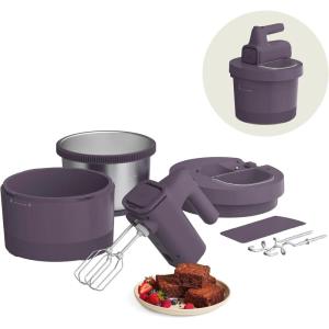 imagebella 35 Qt Hand ampamp Stand Mixer 2 in 1 Electric Mixer with Bowl Dough Hook Whisk ampamp Egg Beater Multifunctional Handheld Blender ampamp Mixer for Baking 200 Watt OatmilkPlum