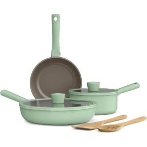 imagebella 7 Piece Cookware Set with EverGood Ceramic Nonstick Coating Dishwasher Safe Oven Safe All Stovetops Compatible Glass Lids with Silicone Rims Cool Touch Handles SeaglassSeaglass