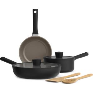imagebella 7 Piece Cookware Set with EverGood Ceramic Nonstick Coating Dishwasher Safe Oven Safe All Stovetops Compatible Glass Lids with Silicone Rims Cool Touch Handles SeaglassBlack