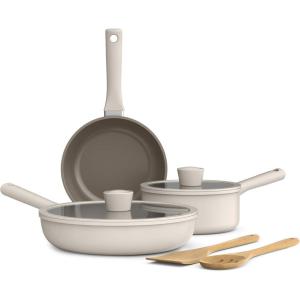 imagebella 7 Piece Cookware Set with EverGood Ceramic Nonstick Coating Dishwasher Safe Oven Safe All Stovetops Compatible Glass Lids with Silicone Rims Cool Touch Handles SeaglassOatmilk