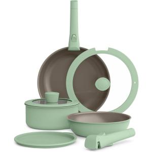 imagebella 8 Piece Cookware Set Fitsanywhere Kitchenware w EverGood Ceramic Nonstick Coating Removable Handles Dishwasher ampamp Oven Safe All Stovetops Compatible Glass Lids w Silicone Rims OatmilkSeaglass