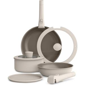 imagebella 8 Piece Cookware Set Fitsanywhere Kitchenware w EverGood Ceramic Nonstick Coating Removable Handles Dishwasher ampamp Oven Safe All Stovetops Compatible Glass Lids w Silicone Rims OatmilkOatmilk