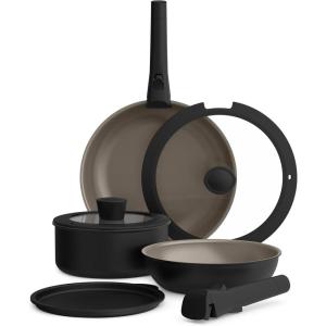 imagebella 8 Piece Cookware Set Fitsanywhere Kitchenware w EverGood Ceramic Nonstick Coating Removable Handles Dishwasher ampamp Oven Safe All Stovetops Compatible Glass Lids w Silicone Rims OatmilkBlack