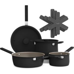 imagebella 9 Piece Ceramic Nonstick Cookware Set Fitsanywhere Kitchenware w EverGood Coating Dishwasher ampamp Oven Safe All Stovetops Compatible Stackable Design Cool Touch Handles OatmilkBlack