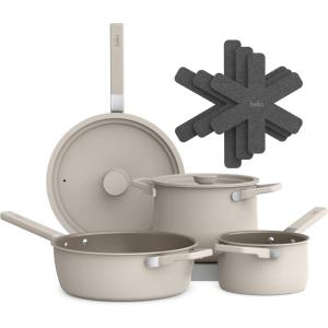 imagebella 9 Piece Ceramic Nonstick Cookware Set Fitsanywhere Kitchenware w EverGood Coating Dishwasher ampamp Oven Safe All Stovetops Compatible Stackable Design Cool Touch Handles OatmilkOatmilk