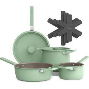 imagebella 9 Piece Ceramic Nonstick Cookware Set Fitsanywhere Kitchenware w EverGood Coating Dishwasher ampamp Oven Safe All Stovetops Compatible Stackable Design Cool Touch Handles OatmilkSeaglass