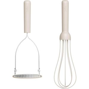 imagebella 2 Piece Compact Masher and Whisk Set Fold Flat Stainless steel and silicone Foldable Masher Ballon Whisk Flat Whisk Nonstick Nonslip Heat safe to 425F SlateOatmilk