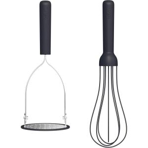imagebella 2 Piece Compact Masher and Whisk Set Fold Flat Stainless steel and silicone Foldable Masher Ballon Whisk Flat Whisk Nonstick Nonslip Heat safe to 425F SlateSlate