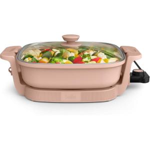imagebella Make amp Take XL Electric Skillet Fitsanywhere kitchenware EverGood Ceramic Coating Adjustable Temperature amp DishwasherSafe Tempered Glass Lid Cast Aluminum Base 1200 Watt OatmilkBlossom