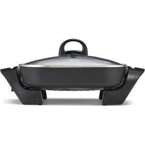 imagebella Make amp Take XL Electric Skillet Fitsanywhere kitchenware EverGood Ceramic Coating Adjustable Temperature amp DishwasherSafe Tempered Glass Lid Cast Aluminum Base 1200 Watt OatmilkBlack