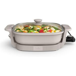 imagebella Make amp Take XL Electric Skillet Fitsanywhere kitchenware EverGood Ceramic Coating Adjustable Temperature amp DishwasherSafe Tempered Glass Lid Cast Aluminum Base 1200 Watt OatmilkOatmilk