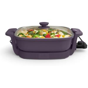 imagebella Make amp Take XL Electric Skillet Fitsanywhere kitchenware EverGood Ceramic Coating Adjustable Temperature amp DishwasherSafe Tempered Glass Lid Cast Aluminum Base 1200 Watt OatmilkPlum