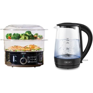 image:imageBELLA Two Tier Food Steamer 74 QT Black amp 17 Liter Glass Electric Kettle Quickly Boil 7 Cups of Water in 67 Minutes Soft Blue LED Lights Illuminate While Boiling Black