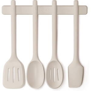 image:imagebella 5Piece Kitchen Tool Set with Magnetic Rack Silicone Turner Spoon Slotted Spoon Spatula Utensil Holder Magnetic Holder Nontoxic Foodgrade Heat safe to 425F Dishwasher Safe SlateOatmilk