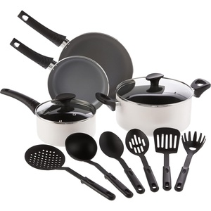 image:imagebella Cookware Set with Glass Lids with Nonstick PFOA Free and Scratch Resistant Surface Aluminum Bakeware Pots and Pans Storage Bowls amp Utensils Compatible with All Stovetops 21 Piece GrayCream